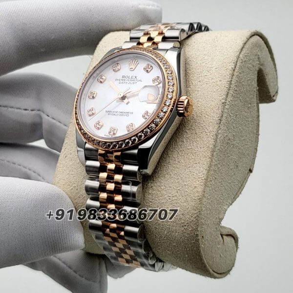 Rolex Datejust Oystersteel and Everose Gold White Mother-of-Pearl Dial 31mm Exact 11 Top Quality Super Clone Replica Swiss ETA 2236 Automatic Movement Watch Ref-278381RBR