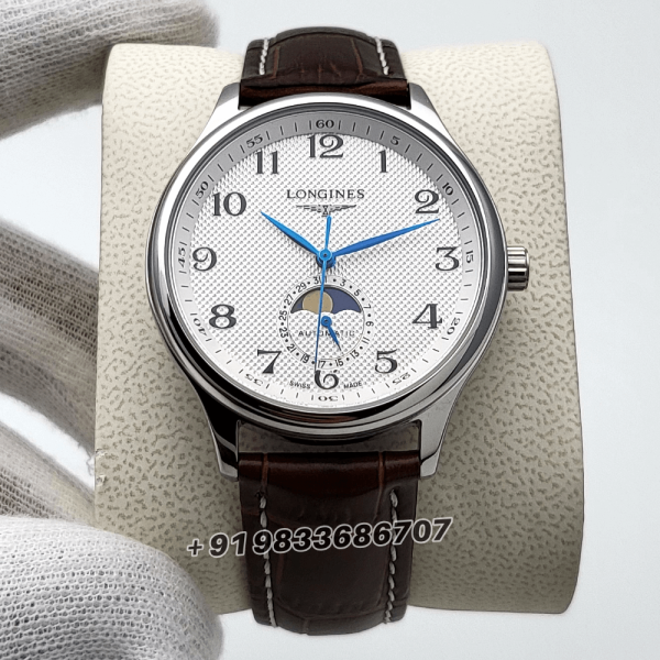 LonginesMasterCollectionMoonphaseSilverDialLeatherStrapSuperHighQualitySwissAutomaticWatch_1