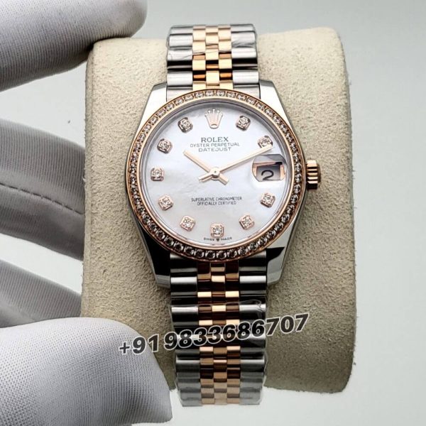 Rolex Datejust Oystersteel and Everose Gold White Mother-of-Pearl Dial 31mm Exact 11 Top Quality Super Clone Replica Swiss ETA 2236 Automatic Movement Watch Ref-278381RBR