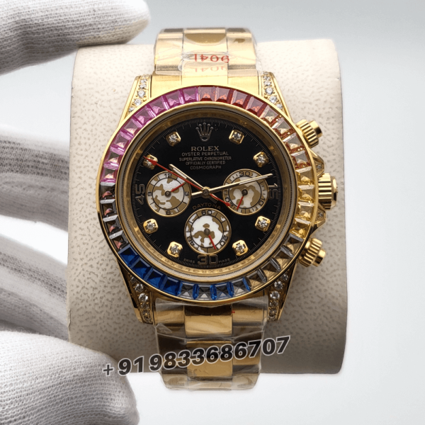 RolexDaytonaRainbowFullGoldDiamondBezelBlackDialSuperHighQualitySwissAutomaticWatch_1