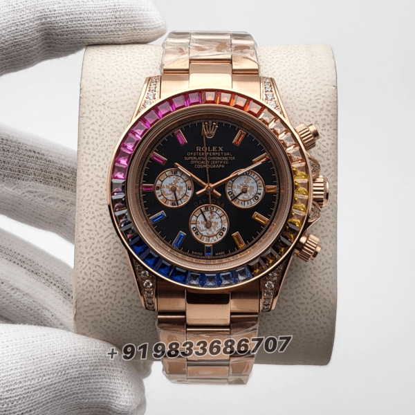 RolexDaytonaRainbowFullRoseGoldDiamondBezelBlackDialSuperHighQualitySwissAutomaticWatch_1